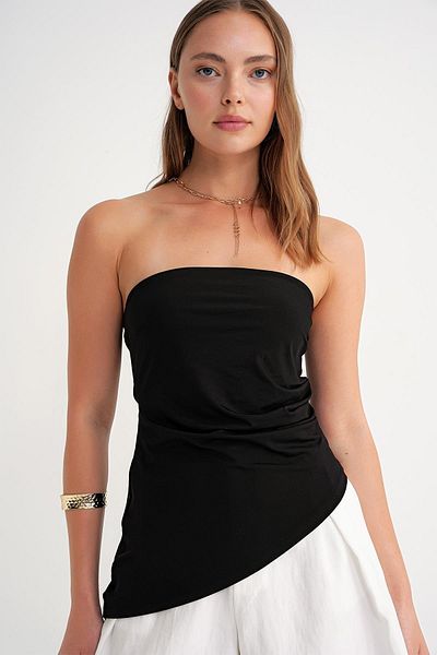 Mixray 2013 Women's Gathered Waist Asymmetrical Strapless Blouse Black