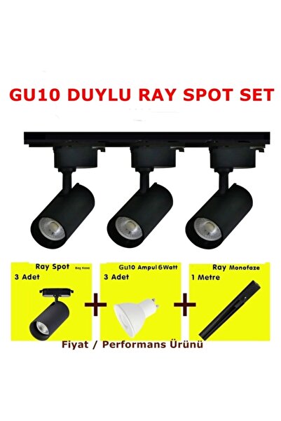 essey lighting 30 Watt Siyah Kasa günışığı 3000k 3 Adet gu10 ampul dahil Ray Spot 1 Adet 1 Metre ray