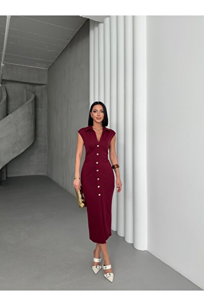 LE CARAMBOLE Γυναικείο μπορντό χρυσό φόρεμα με κορδόνι με λεπτομέρεια μολύβι