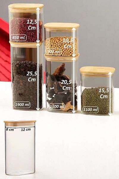 Mirilliahome Set of 5 Vacuumed Rectangular Borosilicate Glass Jars with Bamboo Lids – Food and Pulses Storage