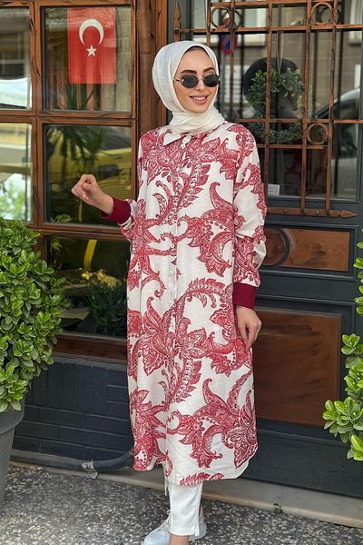 FUAT GÜRSEN Ethnic Patterned Long Tunic with Cuff Sleeves