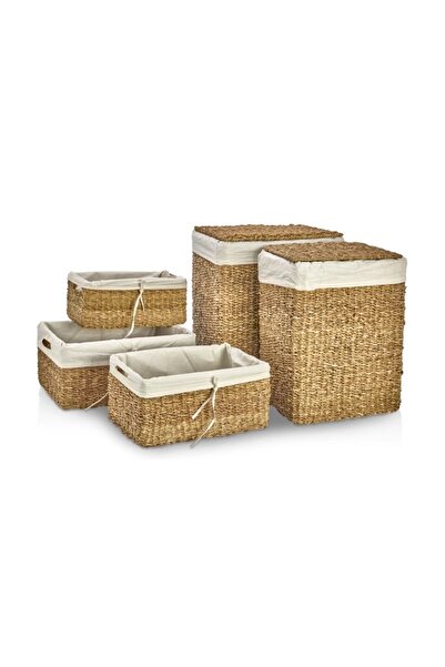 Evistro Dekoratif Dikdörtgen Hasır Çamaşır Sepet Sele Düzenleyici 5 li
