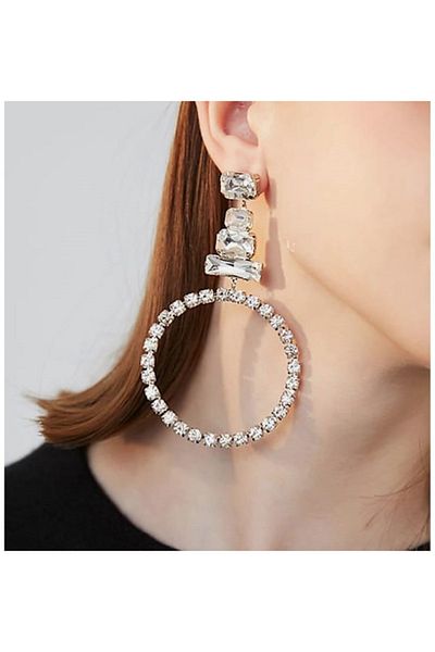 Ümaks Silvers Stylish Design Silver Color Crystal Stone Hoop Earrings Oval Earrings Round Earrings