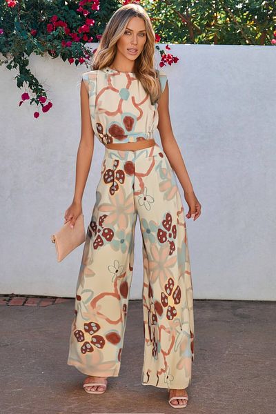 FASHION COCKTAIL Large Pastel Floral Padded 80S Elastic Trousers Crop Linen Summer Double Set