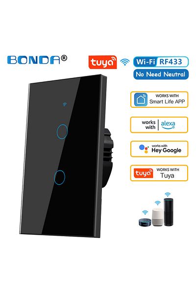 Choice 662WIFI-BLACK-02 BONDA Tuya US WiFi Smart Wall Switch RF433 1/2/3Gang No Neutral Wire Touch Sensor L