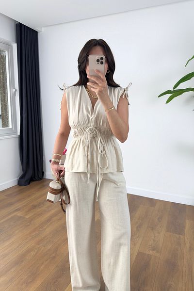 BİRCANÇİL Gisa Stone Rubber Detailed Blouse Pants Set