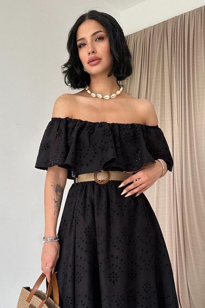 MRA Fashion Black Shoulder Elastic Brode Dress