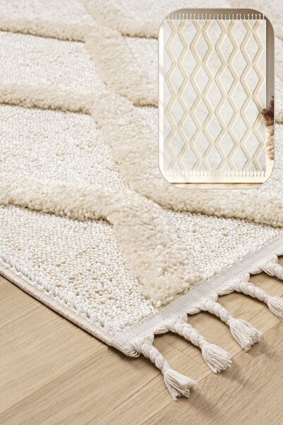 SANRUGS Home & Living Yumuşak Bej Krem Bukleli Ve Havlı Iskandinav Dokuma Hal...