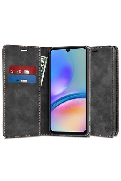 SKYDDAR INNOVATION Husă pentru Samsung Galaxy A05s, portofel moale, tip carte, piele ecologică premium, neagră, set autocolante