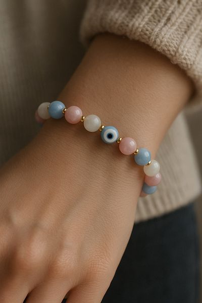 Padore Accessory 🧿   Evil Eye Beaded Natural Stone Women's Bracelet – Pink Quartz, Moonstone, Aquamarine – Certified