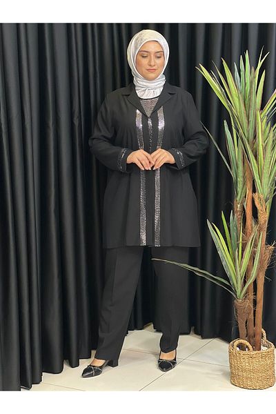 Butik büyük beden Double Tunic Set with Stones on the Front