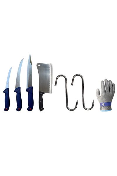 Globalport Retail Set macelar 7 piese – cuțite dezosat, filetat, înjunghiat, satar, mănușă, 2 cârlige Ø10mm