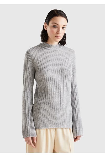 United Colors of Benetton Gray Melange Wool - Split Sleeve, Half Fisherman Women's Sweater