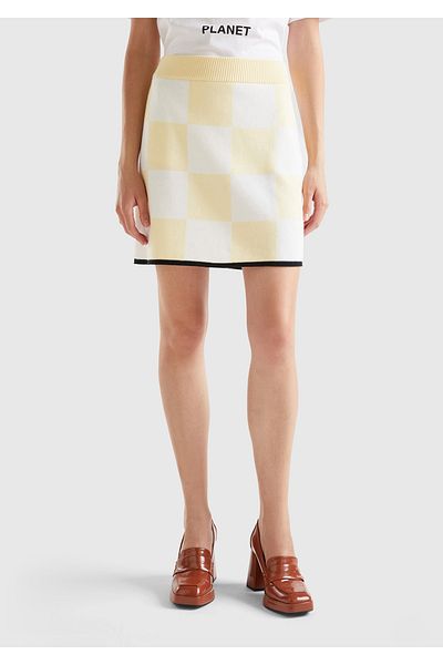 United Colors of Benetton Women's Light Yellow 100% Cotton Checkers Patterned Mini Knitwear Skirt