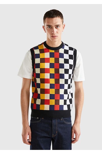 United Colors of Benetton Мъжки черен пуловер от 100% памук с шарка на шах