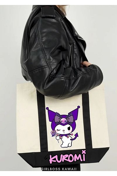 Girlboss Kawaii Πάνινη τσάντα Girlboss Kuromi με μπροστινή τσέπη μεγάλου μεγέθους / αγορές, αθλήματα, παραλία