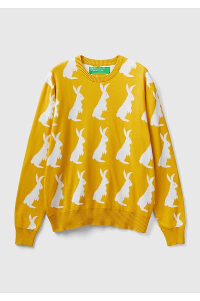 United Colors of Benetton Pulover pentru bărbați de culoare muștar - 100% bumbac, model iepure mic