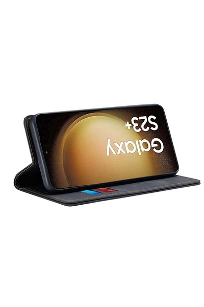 SKYDDAR INNOVATION Husă pentru Samsung Galaxy S23 Plus, portofel moale, piele ecologică premium, tip carte, neagră, set de autocolante