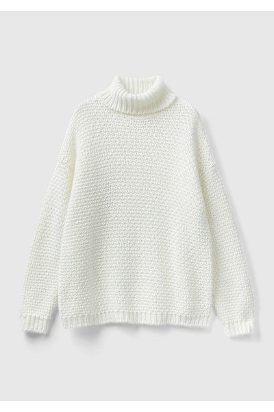 United Colors of Benetton Pulover de damă cu guler alb din lână de alpaca