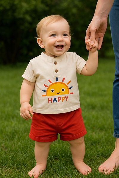 TRENDİMİZBİR Sun Printed Button Detailed Unisex Baby Shorts Summer Set – Red