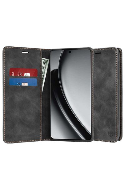 SKYDDAR INNOVATION Husă pentru Realme GT 6 / GT 6T, portofel moale, piele ecologică premium, tip carte, neagră, set de stickere