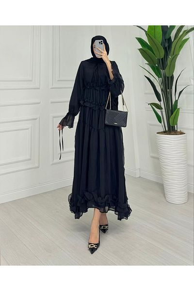 MERVEPLUME Plume Ruffle Gathered Tulle Women's Hijab Dress