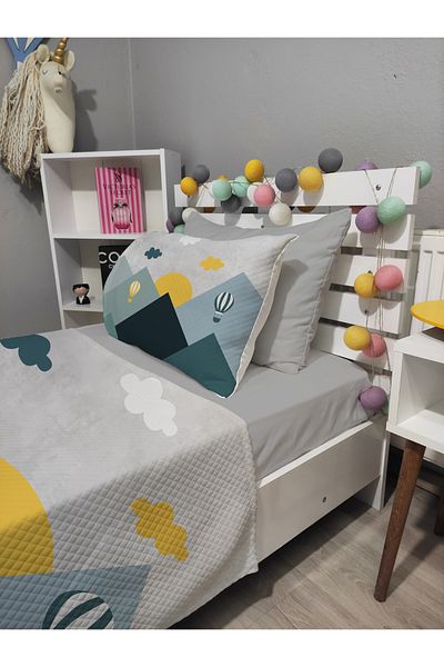 yok yok evim eve dair her şey 4 Piece Colorful Balloons Patterned Single Pique Bedspread Set with Elastic Sheets