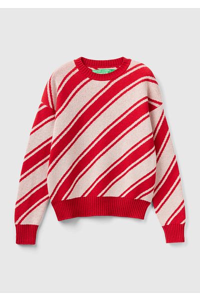 United Colors of Benetton Red Wool Blended - Cross Striped Women's Sweater
