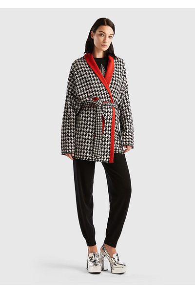 United Colors of Benetton Women's Black Waist Tied Cardigan with Houndstooth Pattern