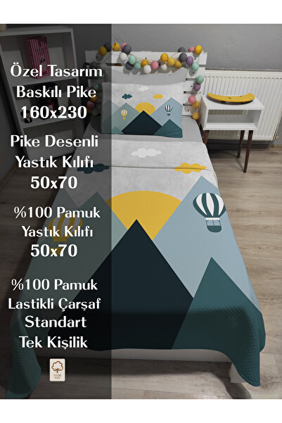 yok yok evim eve dair her şey 4 Piece Colorful Balloons Patterned Single Pique Bedspread Set with Elastic Sheets