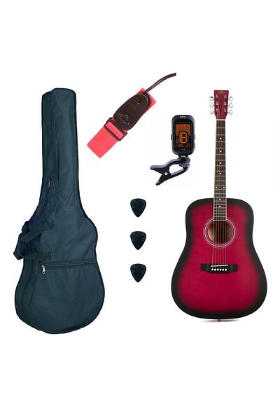 SX SD104RDS Basic 2, sunburst matte red acoustic guitar set, gig bag, tuner, strap, 3 picks