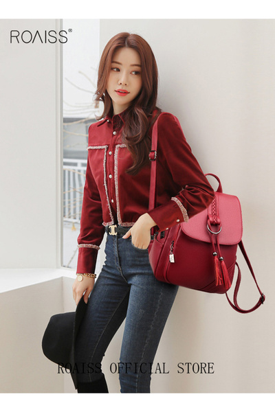 ROAISS Fashion Tassel Decor Flap Textured Backpack Leisure PU Leather Large Schoolbag Solid Travel Double S
