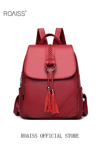 ROAISS Fashion Tassel Decor Flap Textured Backpack Leisure PU Leather Large Schoolbag Solid Travel Double S