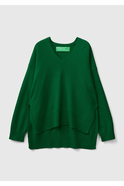 United Colors of Benetton Amestec de lână verde - Pulover lung de damă cu decolteu în V