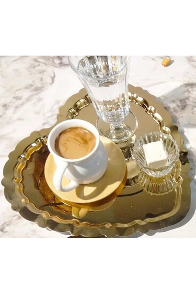 SUN INOX STORE 6 Adet Kalp Model Gold Dekoratif Çay Kahve Sunum Tepsisi