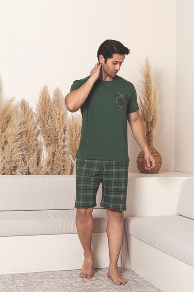 Sude HOMEWEAR Ανδρικό κοντομάνικο σορτς καρό με λεπτομέρεια τσέπης (καλοκαιρινό) Σετ πιτζάμες