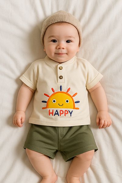 TRENDİMİZBİR Sun Printed Button Detailed Unisex Baby Shorts Summer Set – Khaki