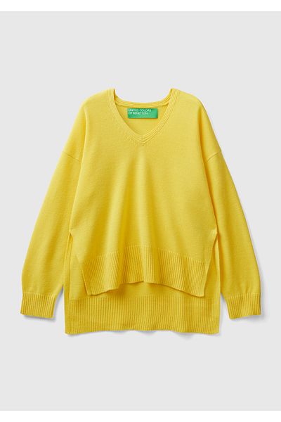 United Colors of Benetton Pulover de damă din amestec de lână galbenă, cu decolteu în V lung pe spate