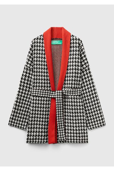 United Colors of Benetton Women's Black Waist Tied Cardigan with Houndstooth Pattern