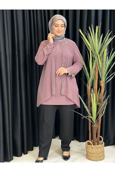 Butik büyük beden Chiffon Tunic with Stones on the Front