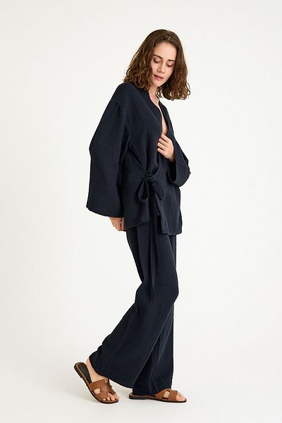 Miespiga 100% Cotton Woven Inner Tie Muslin Kimono-Pants Bottom Top Set