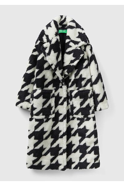 United Colors of Benetton Μαύρο και άσπρο Teddy Coat - Γυναικείο Houndstooth