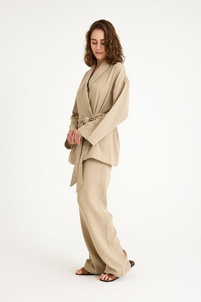 Miespiga 100% Cotton Woven Shawl Collar Muslin Kimono-Pants Bottom Top Set