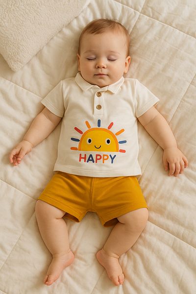 TRENDİMİZBİR Sun Printed Button Detailed Unisex Baby Shorts Summer Set – Mustard