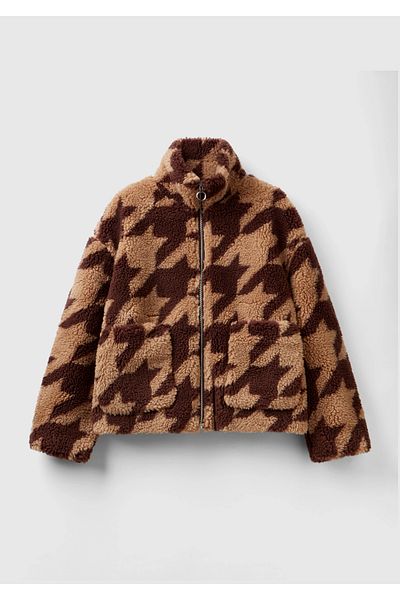 United Colors of Benetton Women's Brown Houndstooth Teddy Jacket