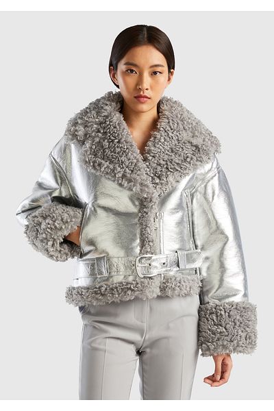 United Colors of Benetton Women's Silver Shawl Collar Faux Leather Jacket