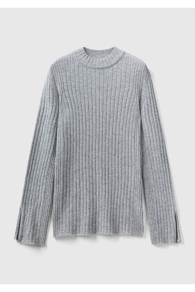 United Colors of Benetton Gray Melange Wool - Split Sleeve, Half Fisherman Women's Sweater