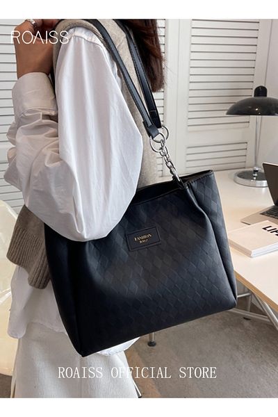 ROAISS Women Leather Tote Bag Ladies Geometric & Letter Embossed Twilly Shoulder Tote Bag