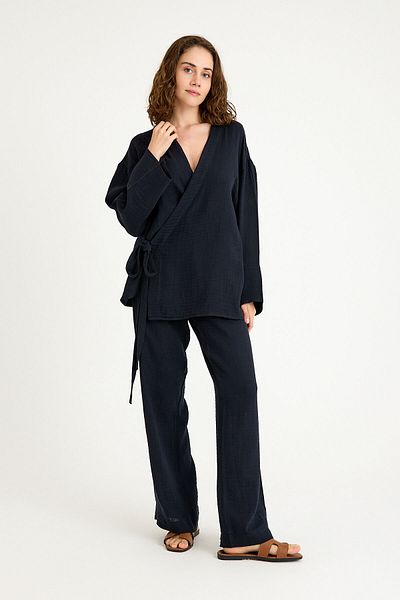 Miespiga 100% Cotton Woven Inner Tie Muslin Kimono-Pants Bottom Top Set