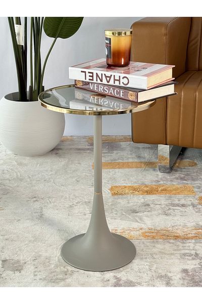 Living طاولة خدمة زجاجية بقاعدة فولاذية رمادية، 52×35 سم